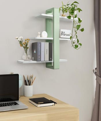 Floating Wall Shelves 3-Tier Mounted Shelving Unit; Large Decorative Shelf for Home Storage, Ideal for Plants and Photos in Bedroom, Living Room, or Office-Mint Green&White