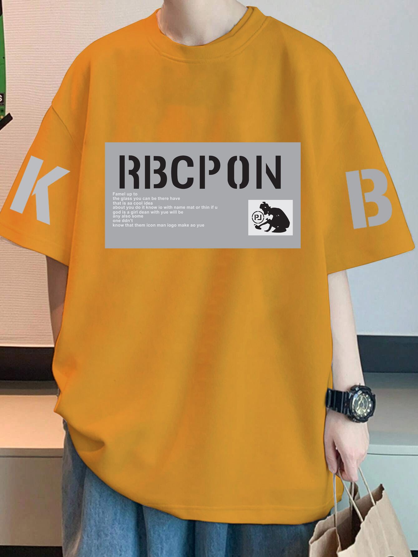 SCOTT FINCHER Men's Yellow Oversized T-Shirt with Reflective Lettering Graphic Print : AA(ARN)MUSTARD_80