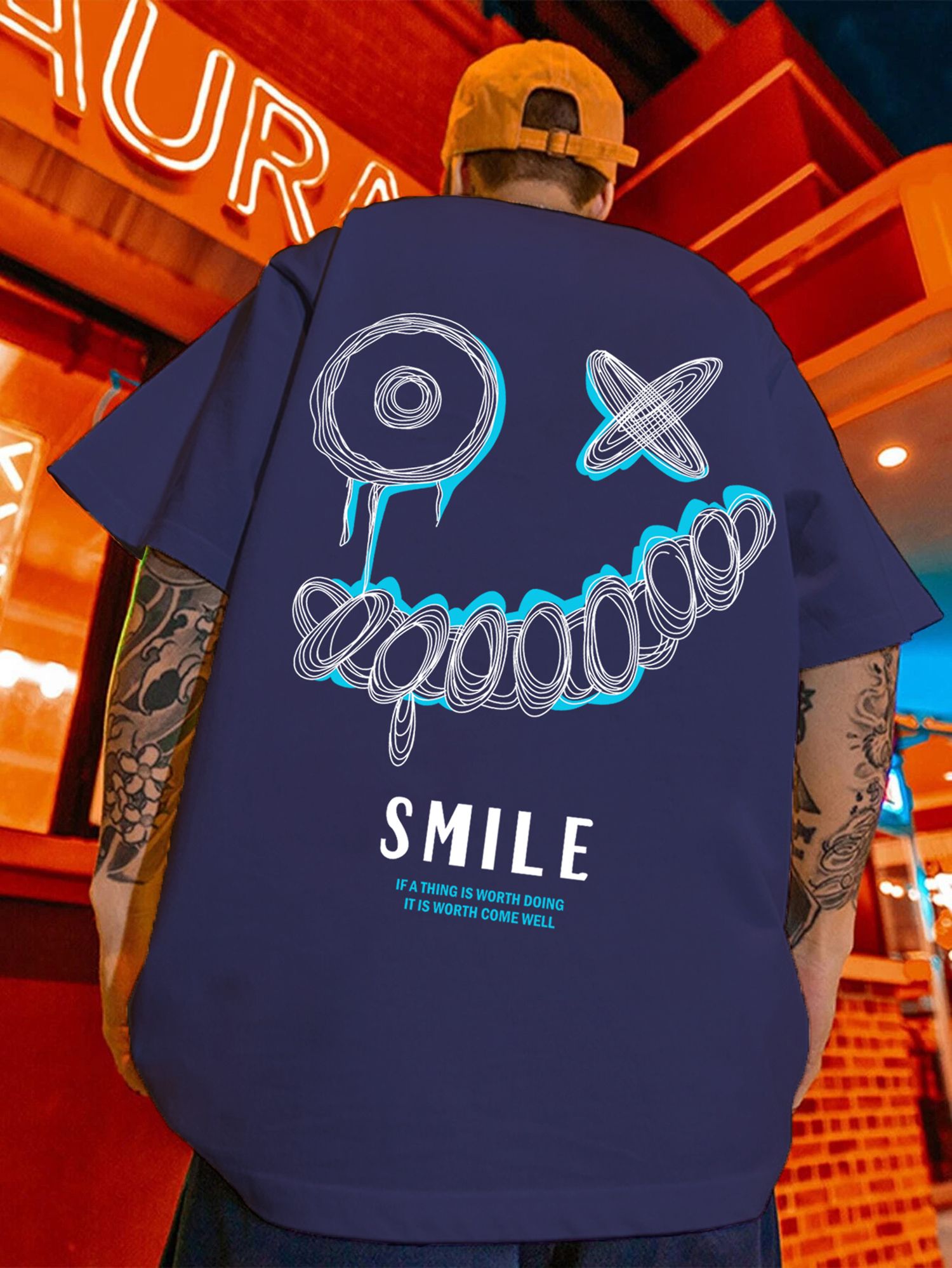 SCOTT FINCHER Men's Casual Short Sleeve T-Shirt with Smiley Face Graphic : AA(ARN)NAVY_03