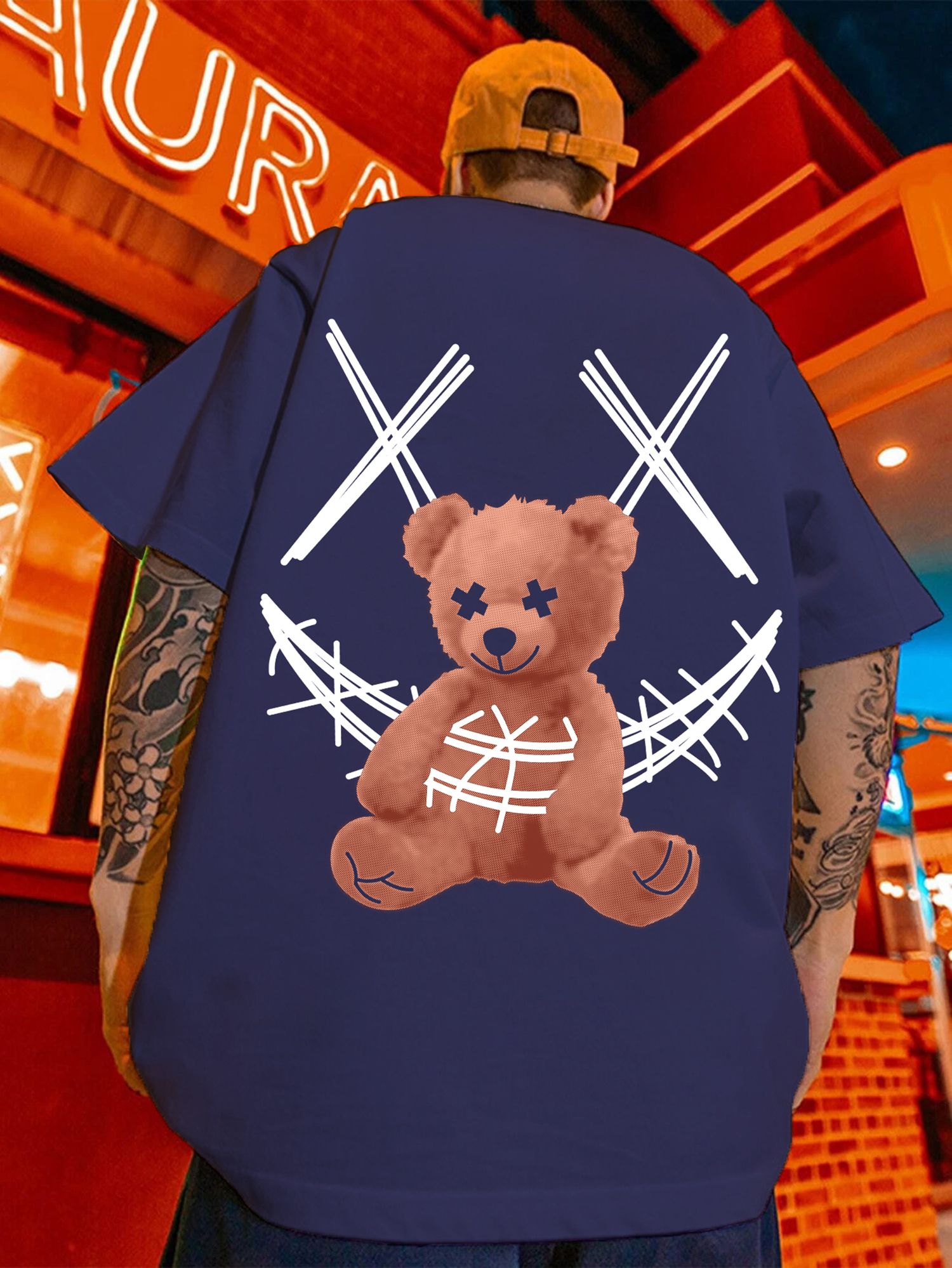 SCOTT FINCHER Men's Streetwear Hip Hop T-Shirt with Distressed Teddy Bear Graphic : AA(ARN)NAVY_08