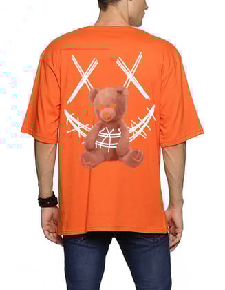 SCOTT FINCHER Men's Orange Oversized T-Shirt with Creepy Teddy Bear Graphic : AA(ARN)ORANGE_08