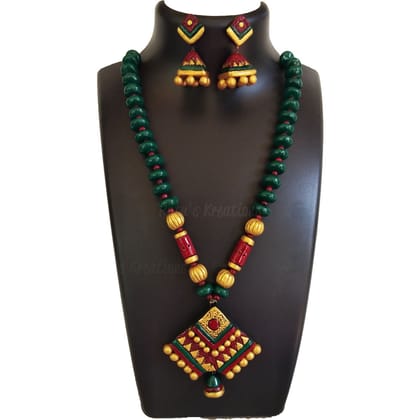 Maroon and Green Terracotta Necklace Set with Jhumkas Maroon and Green Terracotta Necklace Set with Jhumkas