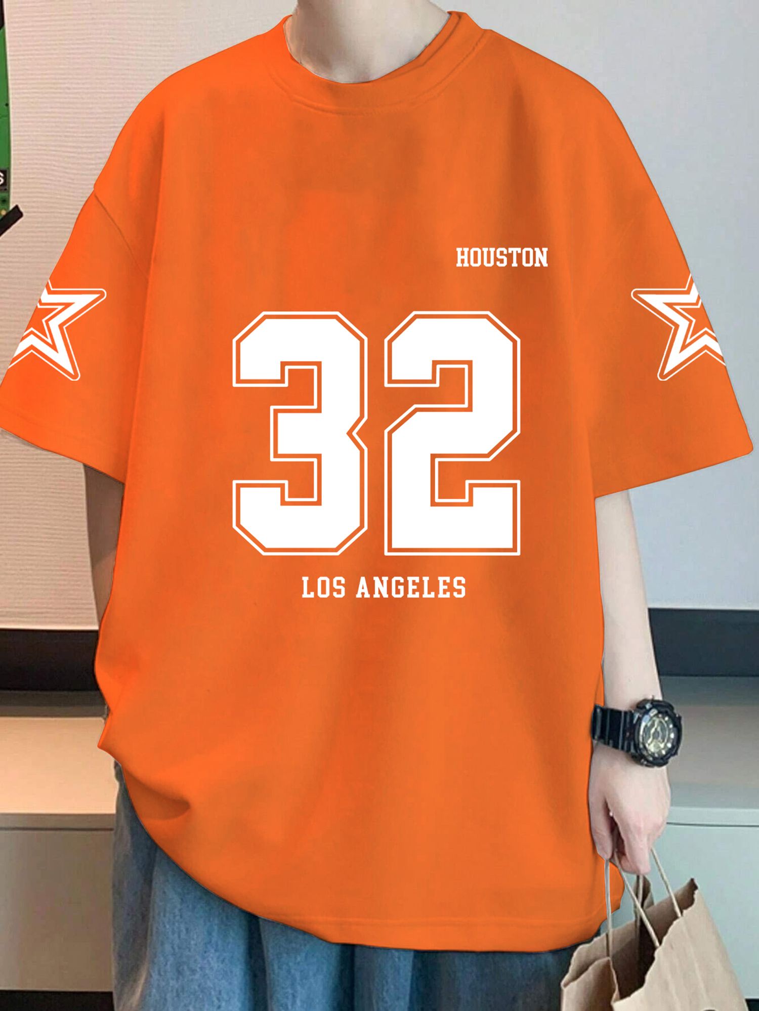 SCOTT FINCHER Men's Summer Casual Short Sleeve T-Shirt Houston 32 Los Angeles Print Orange Oversized T-Shirt : AA(ARN)ORANGE_43