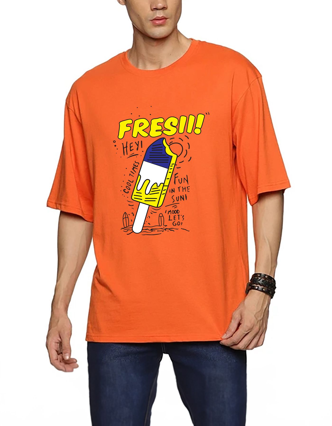 SCOTT FINCHER Men's Freshii Hey Cool Times Fun In The Sun Mood Let's Go T-Shirt : AA(ARN)ORANGE_91