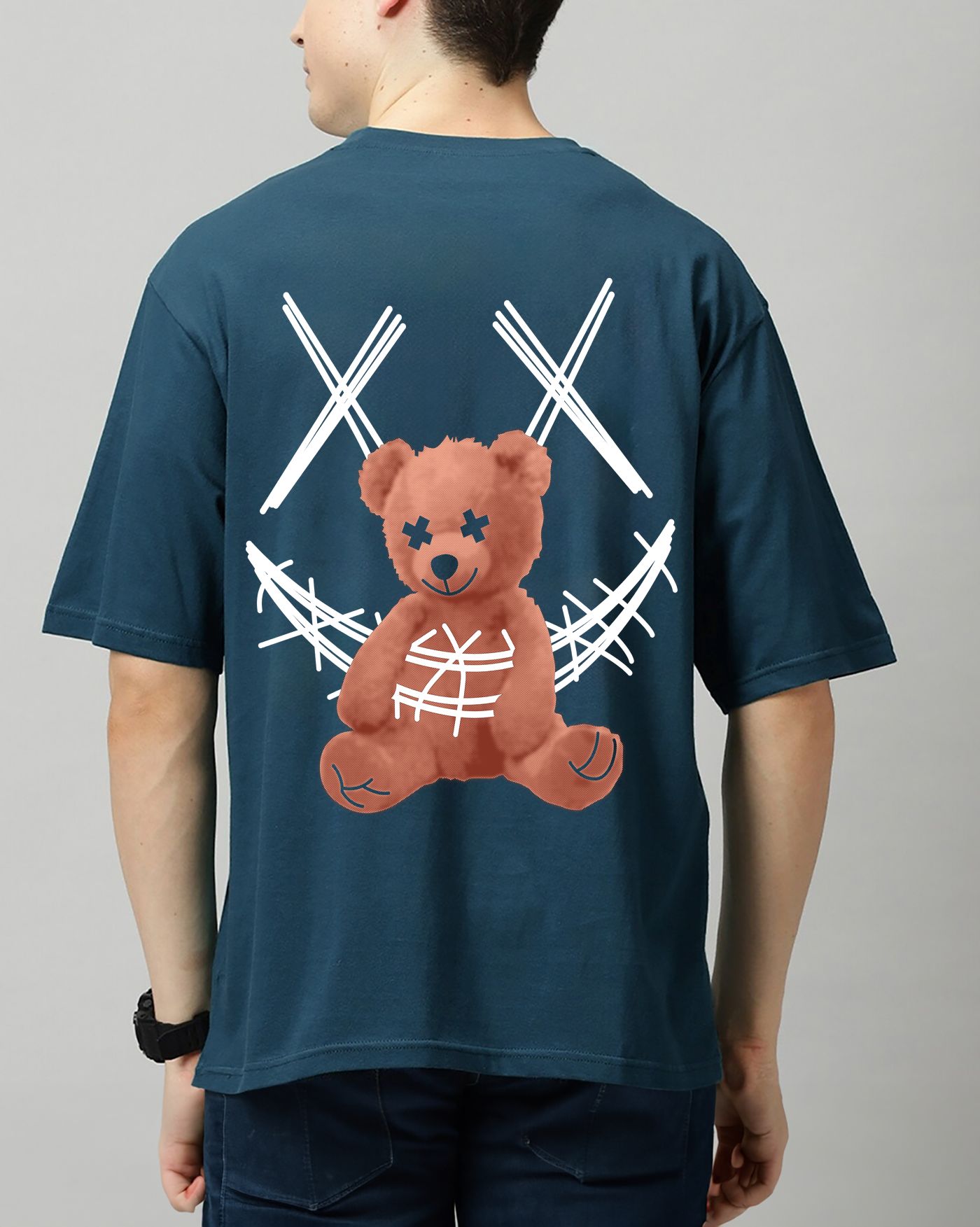 SCOTT FINCHER Men's Blue Graphic T-Shirt with Teddy Bear Design : AA(ARN)TBLUE_08