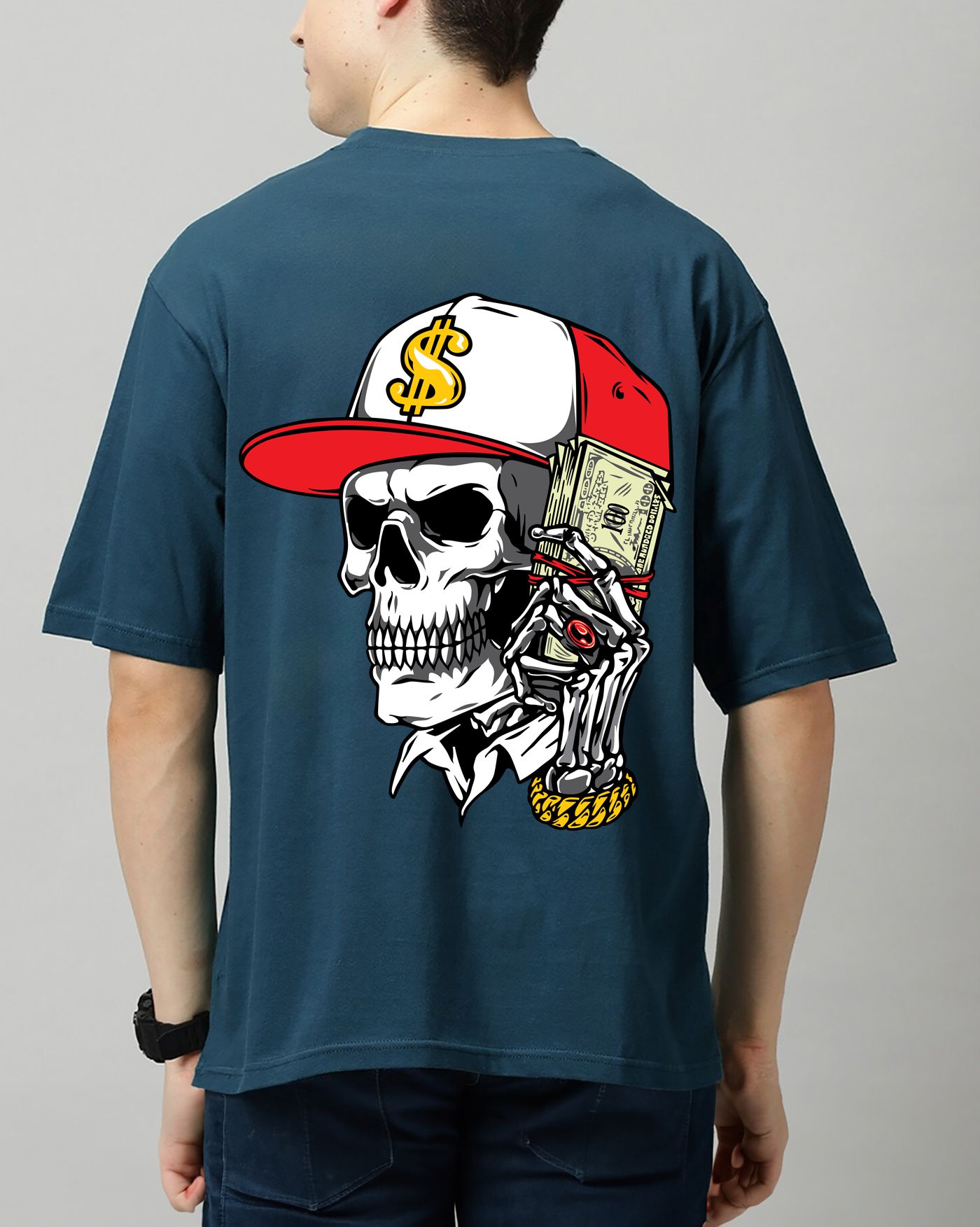 SCOTT FINCHER Men's Casual Short Sleeve T-Shirt with Skull Graphic and Money : AA(ARN)TBLUE_196