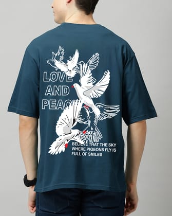 SCOTT FINCHER Men's Casual Short Sleeve T-Shirt with "Love and Peace" Graphic Design : AA(ARN)TBLUE_217