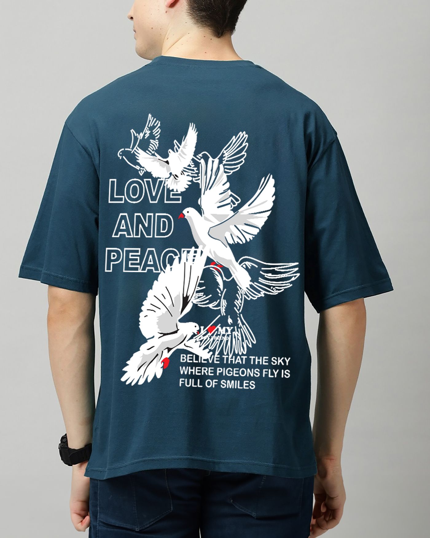 SCOTT FINCHER Men's Casual Short Sleeve T-Shirt with "Love and Peace" Graphic Design : AA(ARN)TBLUE_217