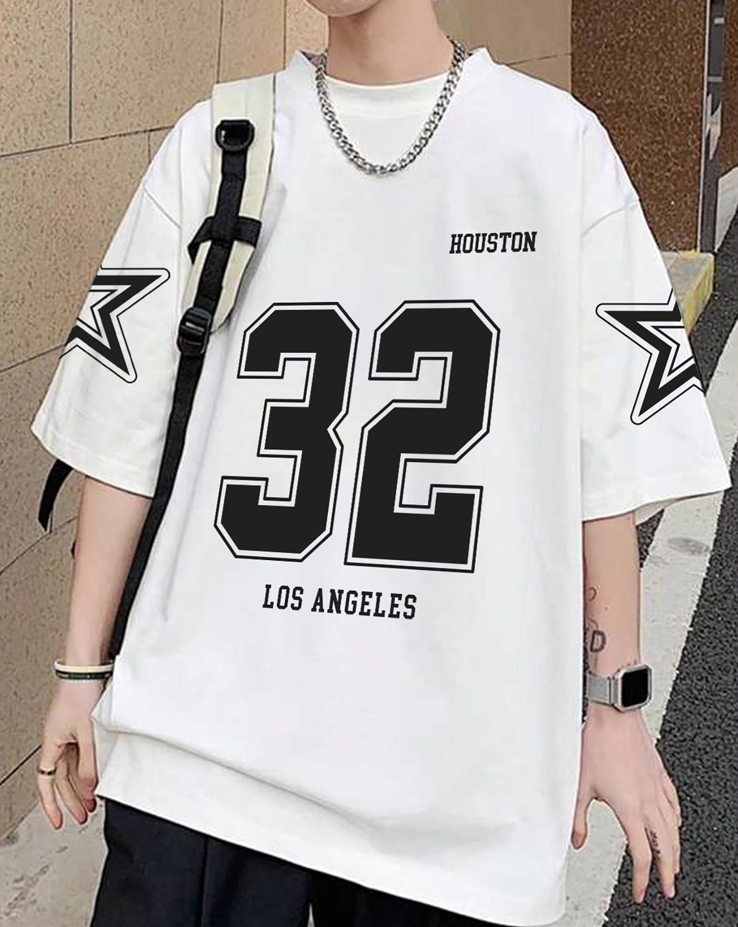 SCOTT FINCHER Men's Summer Casual Short Sleeve T-shirt, Houston 32 Los Angeles Print T-shirt, Streetwear Hip Hop Loose Fit Tee Shirt : AA(ARN)WHITE_43