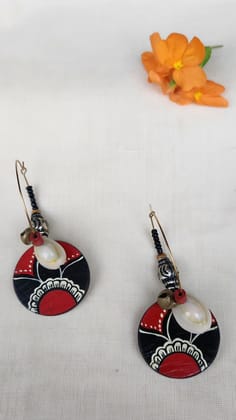 Handmade Wooden Earrings with Red and Black Ethnic Design Handmade Wooden Earrings with Red and Black Ethnic Design