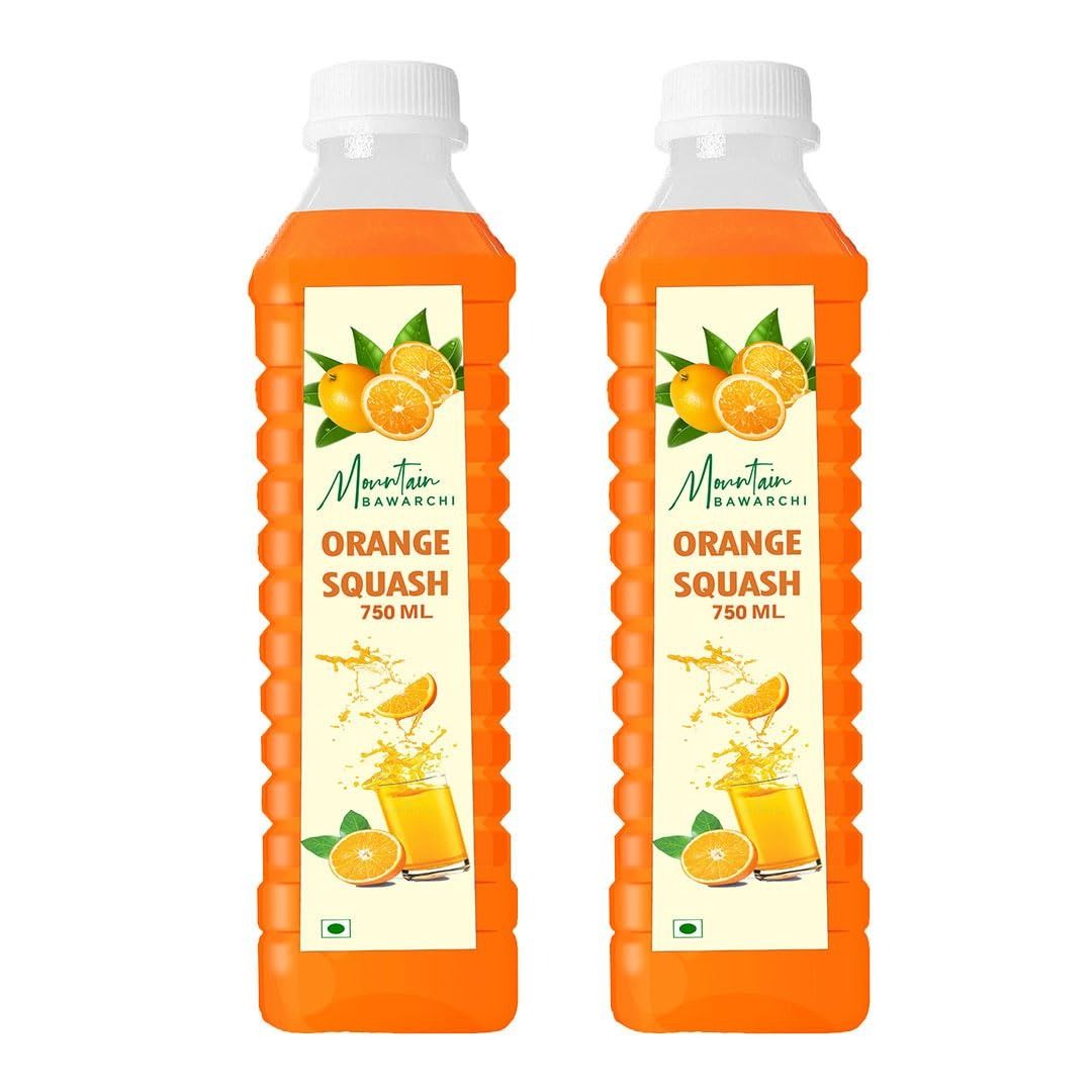Mountain Bawarchi Pulpy Orange Squash Fruit Drink | Refreshing Orange Juice | Ready to Serve Fruit Juice | 750ml Each (Pack of 2)