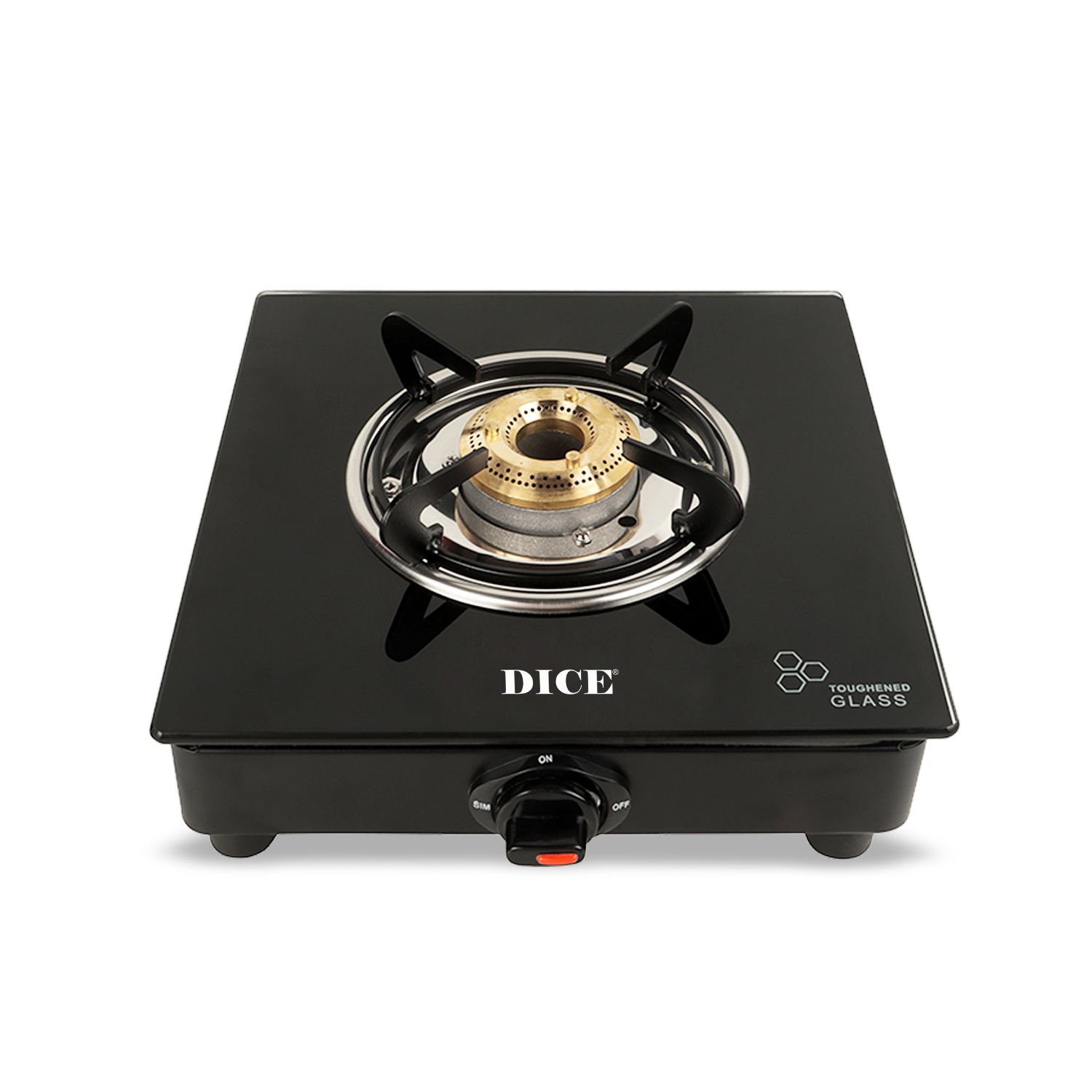 Dice 1 Burner Manual Gas Stove Toughened Glass Top, High-Efficiency Brass Burner, Sleek & Compact Design(Black)