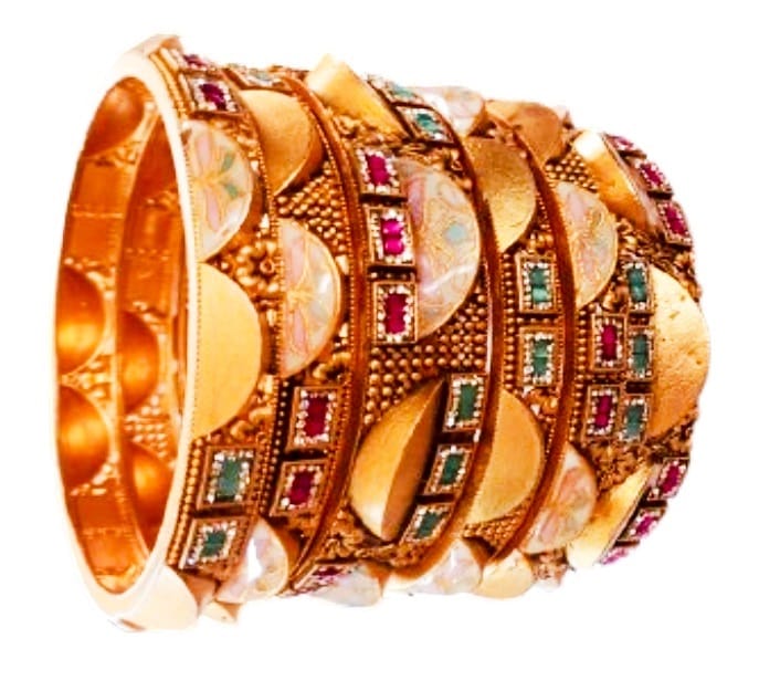  Exquisite and elegant gold plated bangles with intricate meenakari work and studded with shimmering pink and green stones. Perfect for traditional occasions and weddings.