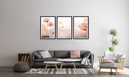 SET OF 3 BOTANICAL FLORAL PAINTINGS 48in X 24in WITH BLACK FRAME