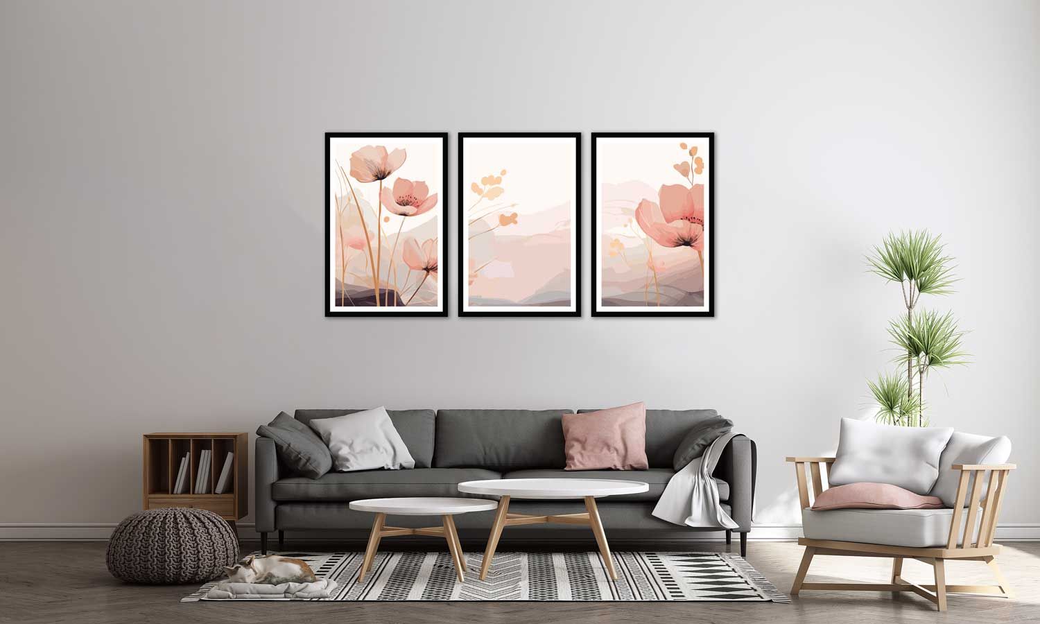 SET OF 3 BOTANICAL FLORAL PAINTINGS 48in X 24in WITH BLACK FRAME