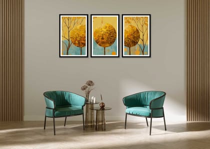 BLOMMING GOLDEN 3 PIECE PAINTINGS 48in X 24in WITH BLACK FRAME