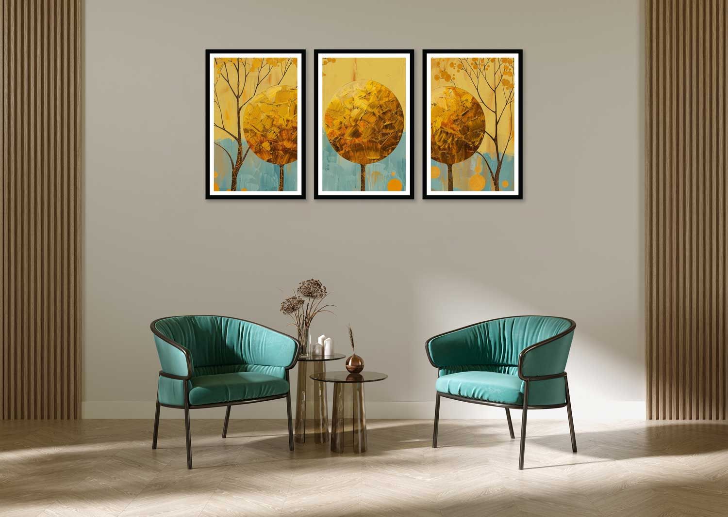 BLOMMING GOLDEN 3 PIECE PAINTINGS 48in X 24in WITH BLACK FRAME