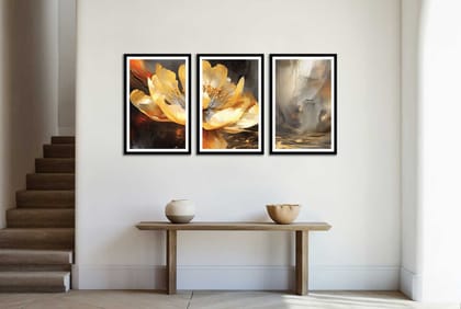 SET OF 3 YELLOW FLOWER PAINTING 48in X 24in WITH BLACK FRAME