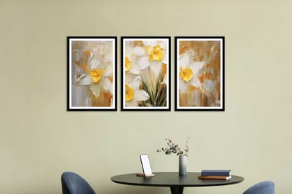 SET OF 3 WHITE AND YELLOW FLORAL PRINTS 48in X 24in WITH BLACK FRAME