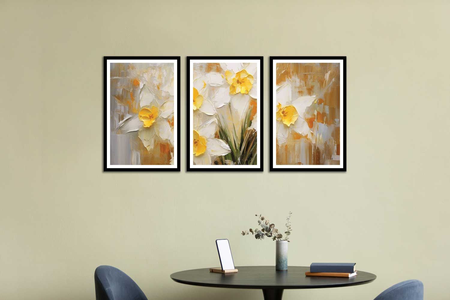 SET OF 3 WHITE AND YELLOW FLORAL PRINTS 48in X 24in WITH BLACK FRAME