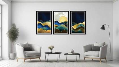 SET OF 3 ABSTRACT GOLDEN MODERN ART 48in X 24in WITH BLACK FRAME