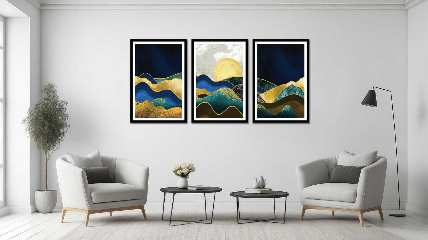 SET OF 3 ABSTRACT GOLDEN MODERN ART 48in X 24in WITH BLACK FRAME