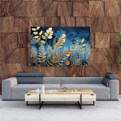 BLUE AND GOLD ABSTRACT BOTANICAL PAINTING 24in X 16in WITH BLACK FRAME