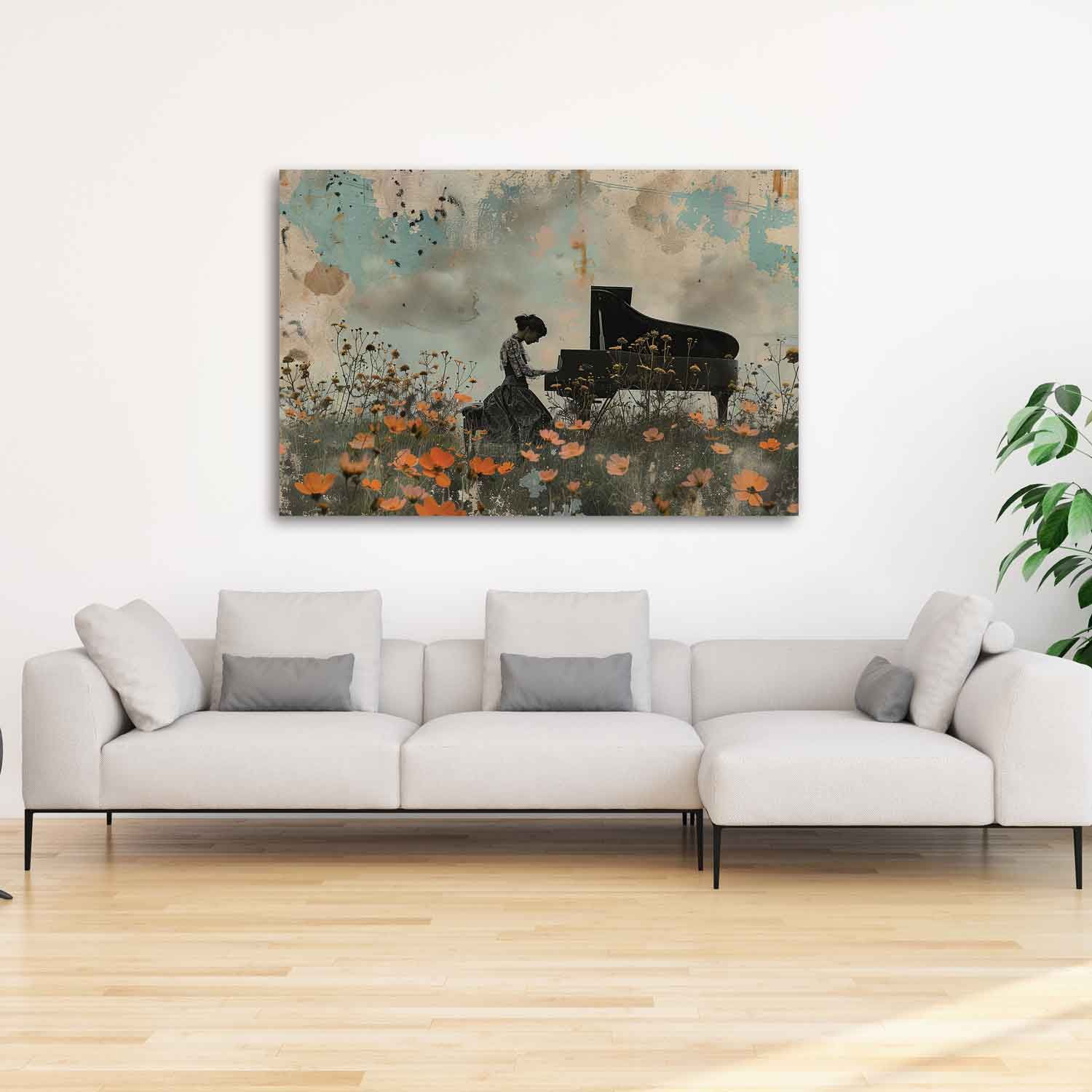 PIANO IN THE FIELD 24in X 16in WITH BLACK FRAME