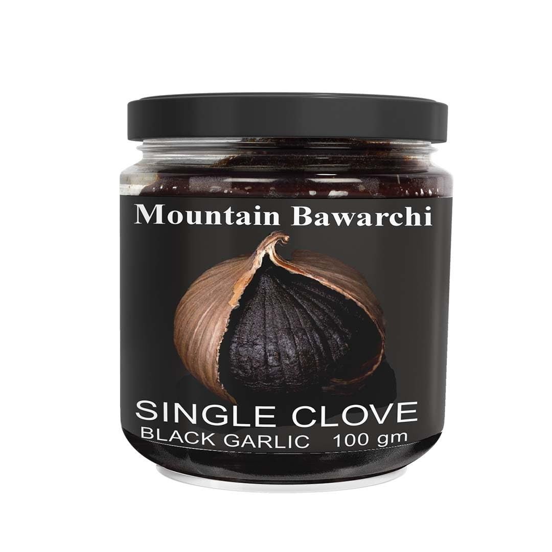 Mountain Bawarchi Black Garlic Single Clove - 100 Grams | Solo Black Garlic Peeled | Black Ek Kali Lehsun
