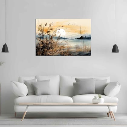 SERENE LAKESIDE SUNSET WALLART PRINT 24in X 16in WITH BLACK FRAME