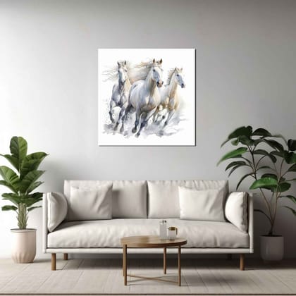WHITE HORSE RUNNING PAINTINGS 24in X 24in WITH BLACK FRAME