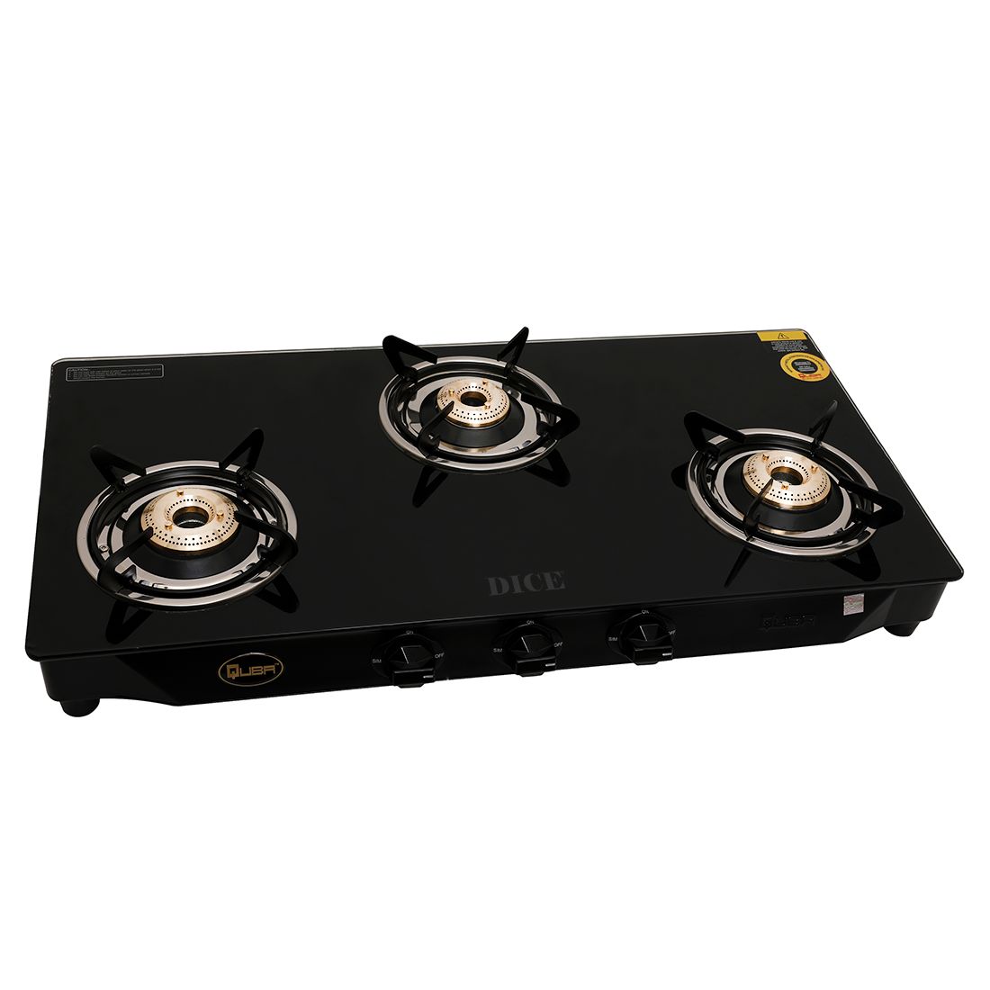 Dice B3 3 Burner Gas Stove – Black Glass Top, Brass Burners, ISI Certified, MS Channel Support, Manual Ignition, 2-Year Warranty