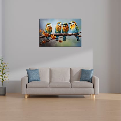 FOUR KINGFISHERS ON A BRANCH 24in X 16in WITH BLACK FRAME