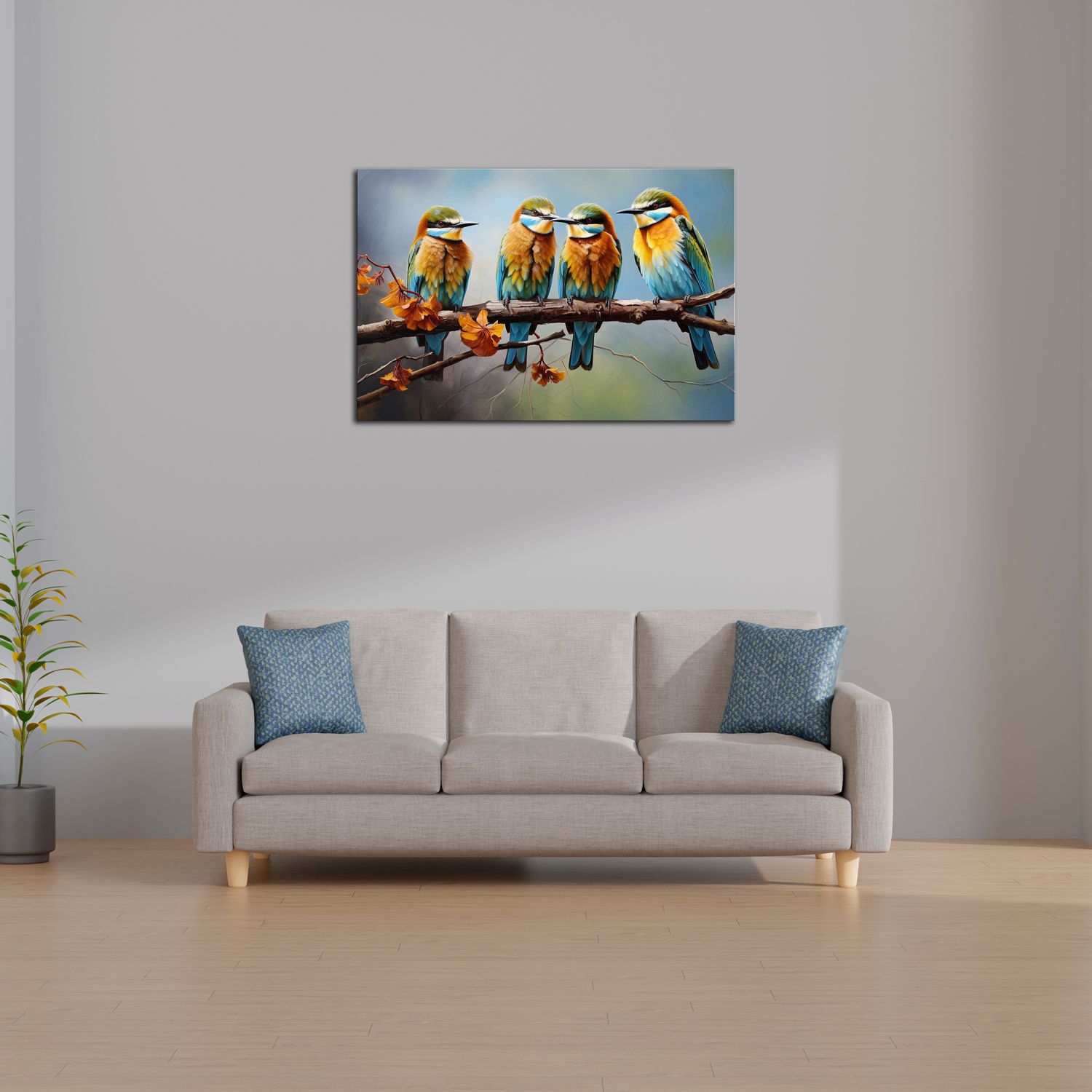 FOUR KINGFISHERS ON A BRANCH 24in X 16in WITH BLACK FRAME