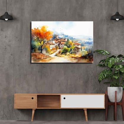PAINTING OF HILLSIDE AUTUMN VILLAGE 24in X 16in WITH BLACK FRAME
