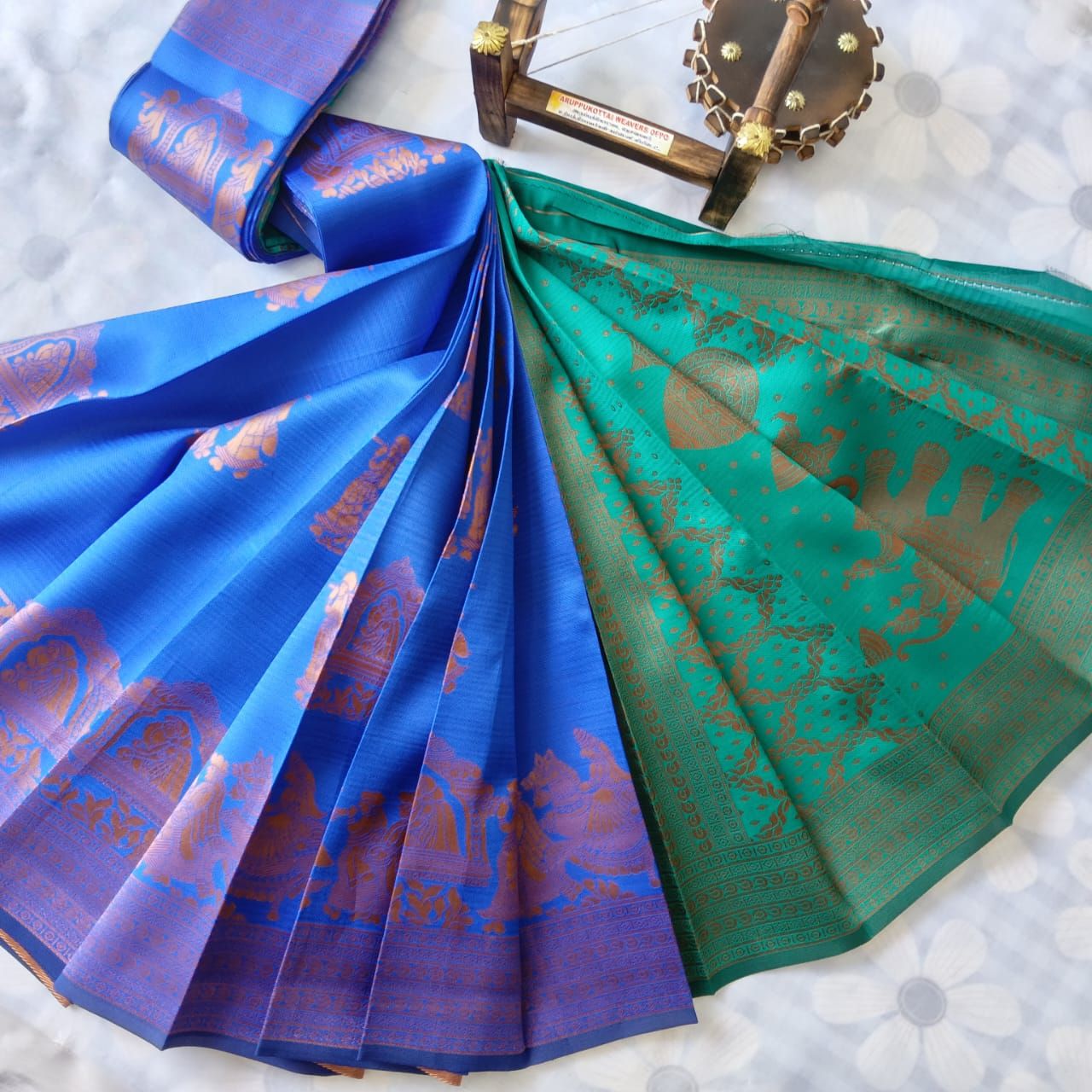 Kubera Silk Cottton Saree&nbsp;with Blouse  - Blue  colour