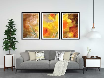 GOLD TROPICAL 3 PIECE PAINTING 48in X 24in WITH BLACK FRAME