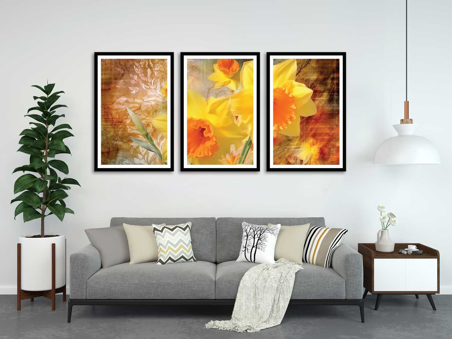 GOLD TROPICAL 3 PIECE PAINTING 48in X 24in WITH BLACK FRAME