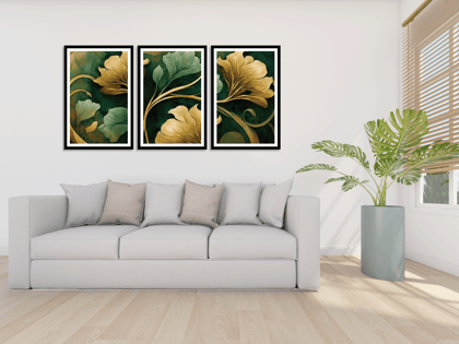 SET OF 3 GREEN AND GOLD FLORAL WALLART 48in X 24in WITH BLACK FRAME