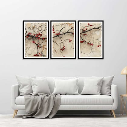 SET OF 3 PIECE RED BRANCHES 48in X 24in WITH BLACK FRAME