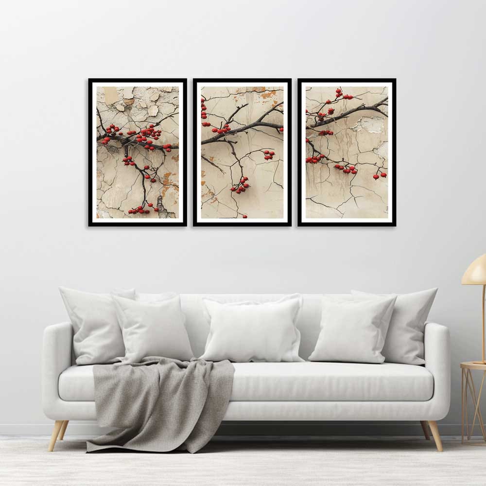 SET OF 3 PIECE RED BRANCHES 48in X 24in WITH BLACK FRAME