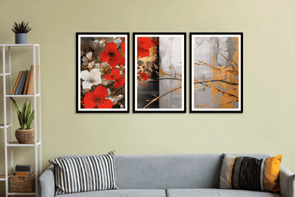 GEOMETRY FLOWER 3 PIECE PAINTINGS 48in X 24in WITH BLACK FRAME