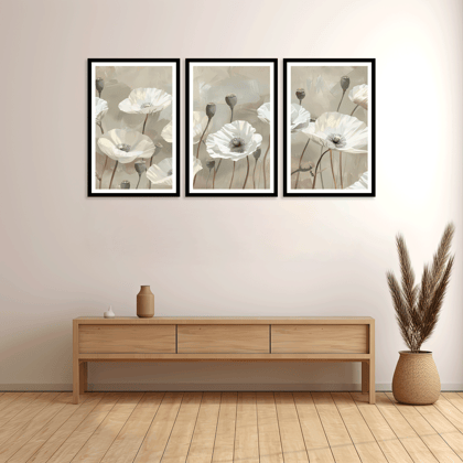 SET OF 3 WHITE POPPY FLOWERS WALLART 48in X 24in WITH BLACK FRAME