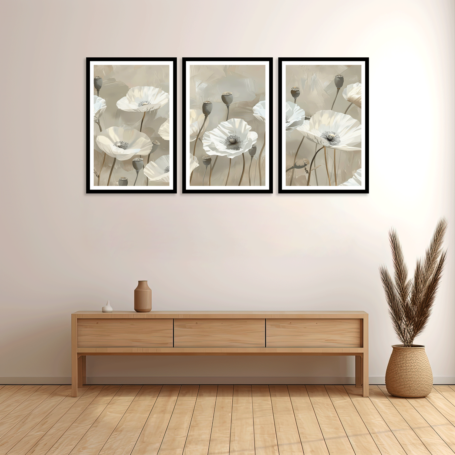 SET OF 3 WHITE POPPY FLOWERS WALLART 48in X 24in WITH BLACK FRAME