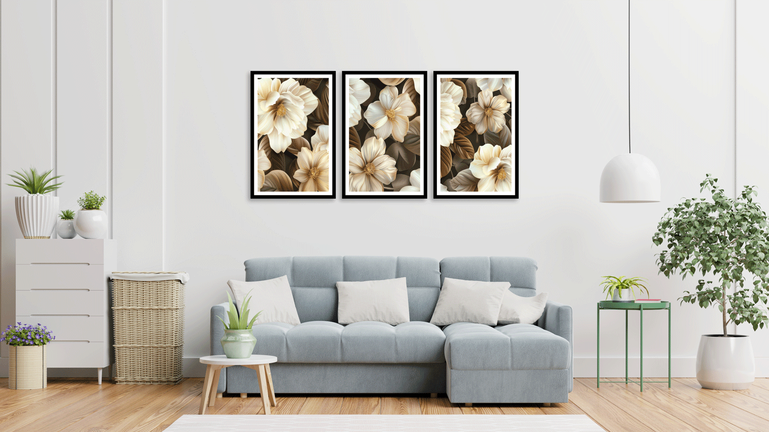 SET OF 3 SEPIA FLOWERS PAINTINGS 48in X 24in WITH BLACK FRAME