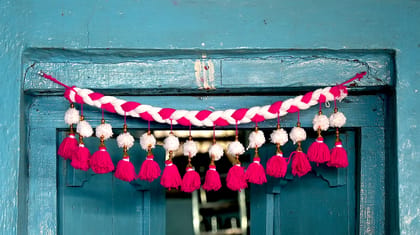  Pink and White Door Hanging Toran with Bells and Beads for Home Decor