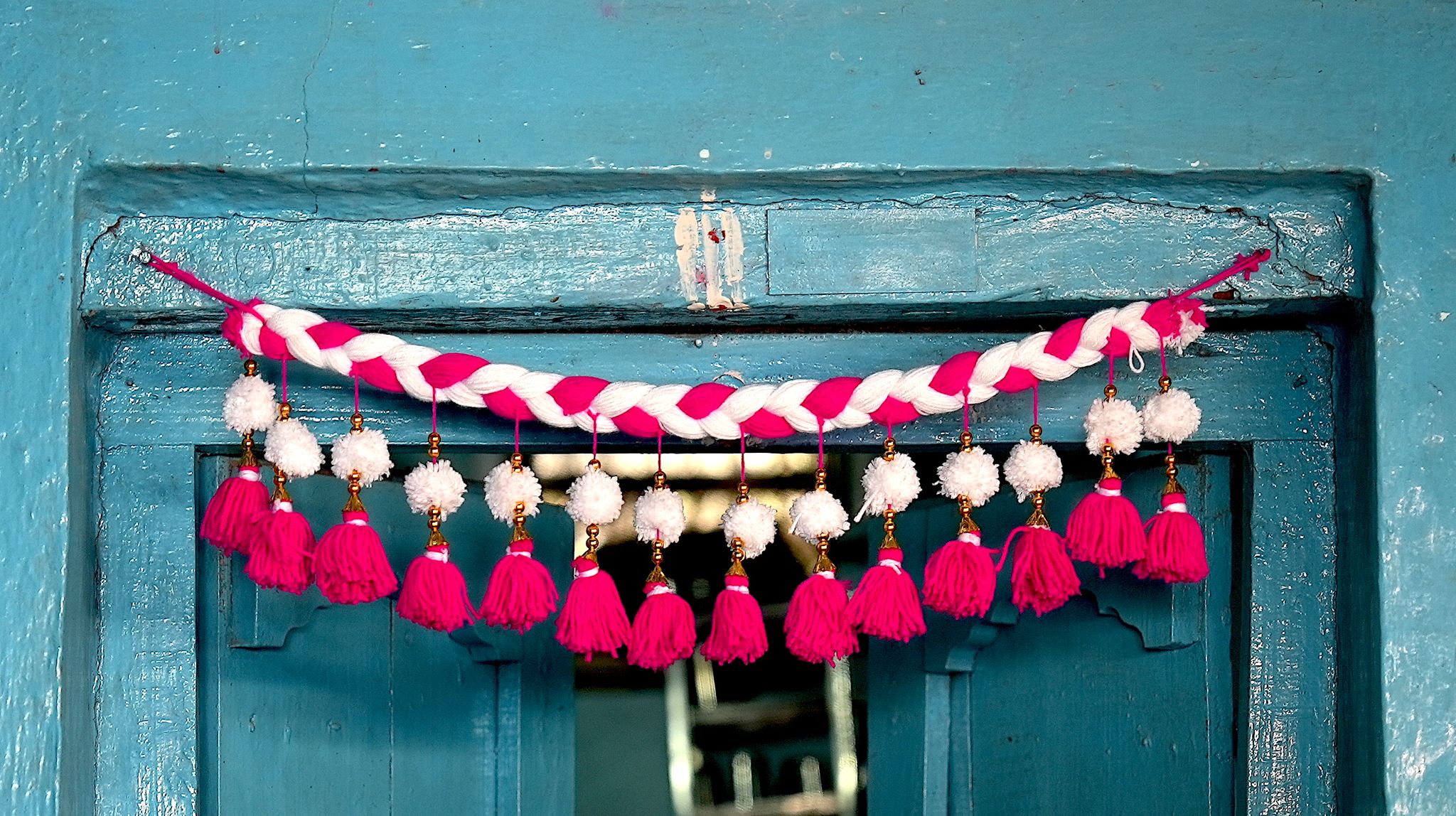  Pink and White Door Hanging Toran with Bells and Beads for Home Decor