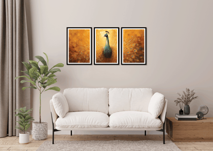 SET OF 3 STUNNIING TRIPTYCH PEACOCK 48in X 24in WITH BLACK FRAME
