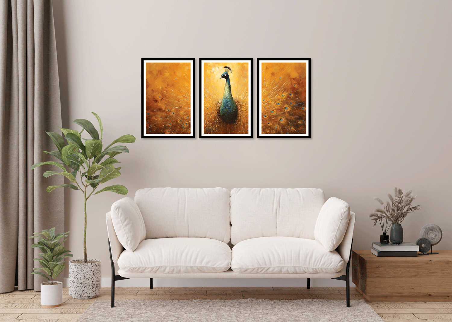SET OF 3 STUNNIING TRIPTYCH PEACOCK 48in X 24in WITH BLACK FRAME