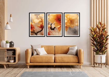 SET OF 3 YELLOW FLORAL PRINTS 48in X 24in WITH BLACK FRAME SET OF 3 YELLOW FLORAL PRINTS 48in X 24in WITH BLACK FRAME